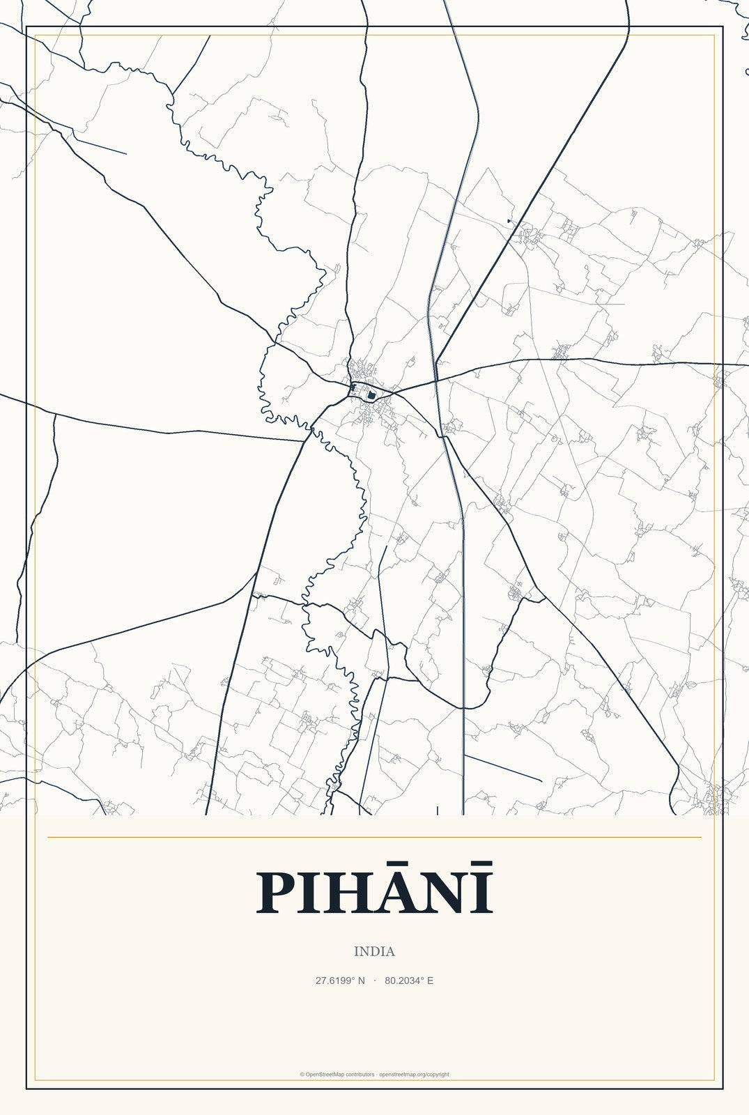 Pihānī, India City Map Aluminum Sign in Citrine Modern style