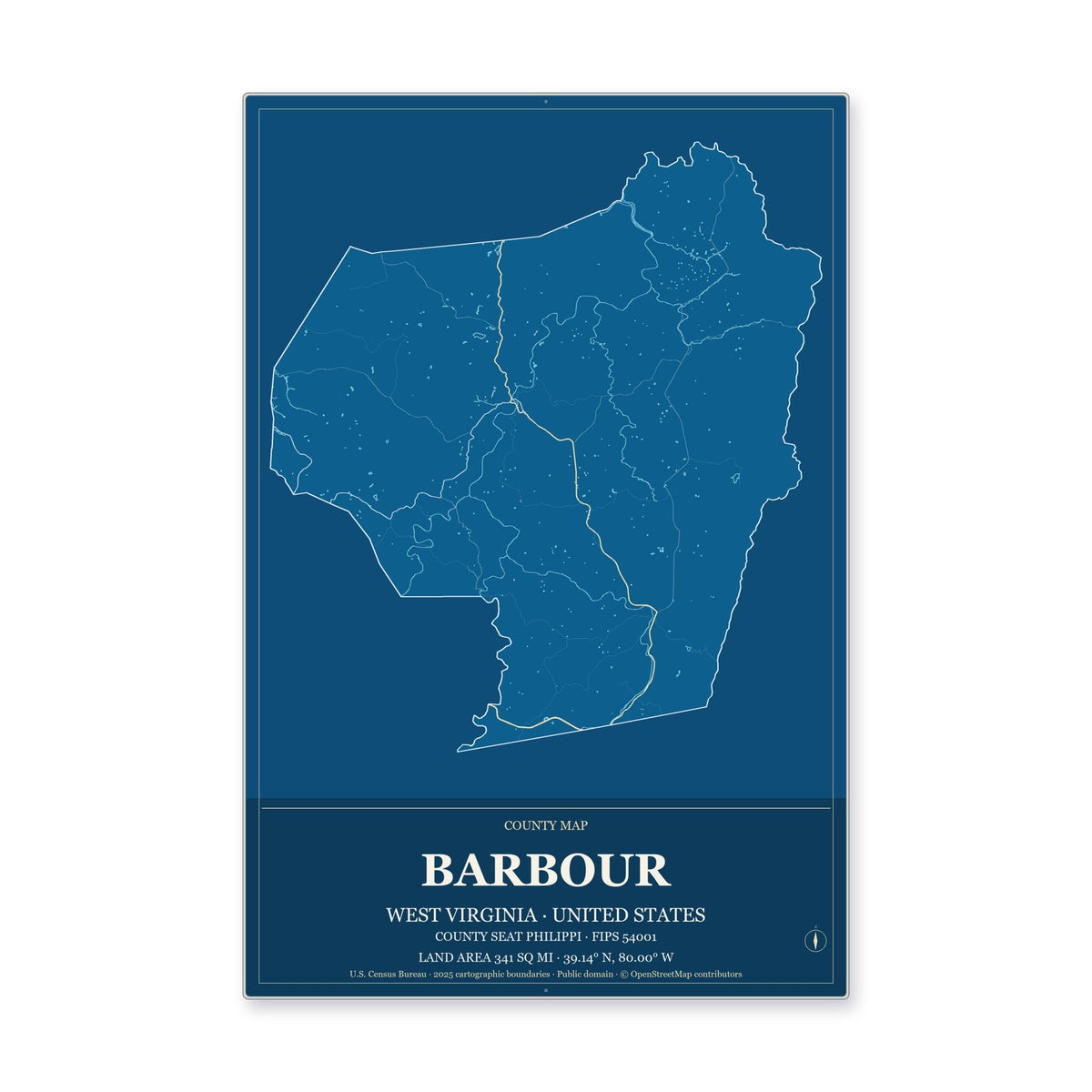 Barbour County, West Virginia Map Aluminum Sign in Harbor Cobalt style