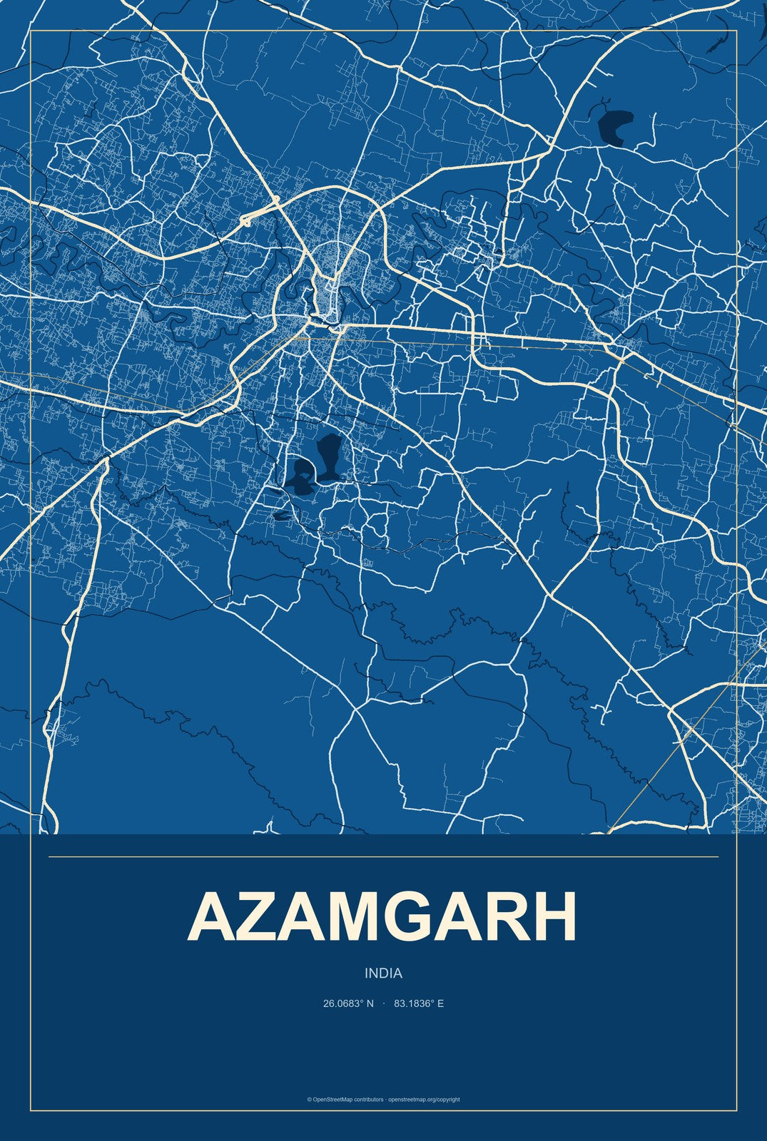 Azamgarh, India City Map Aluminum Sign in Harbor Cobalt style
