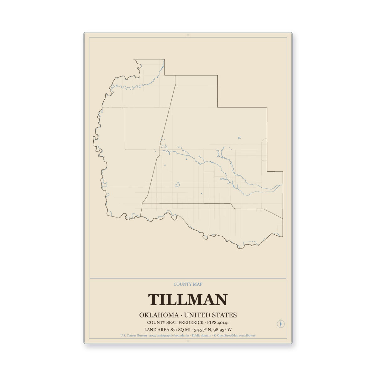 Tillman County, Oklahoma Map Aluminum Sign in Heritage Nautical style