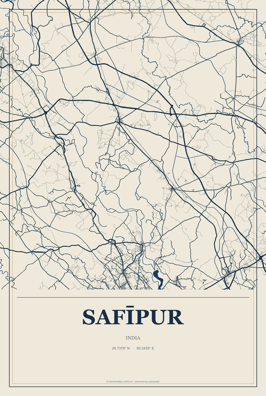 Safīpur, India City Map Aluminum Sign in Coastal Cutout style