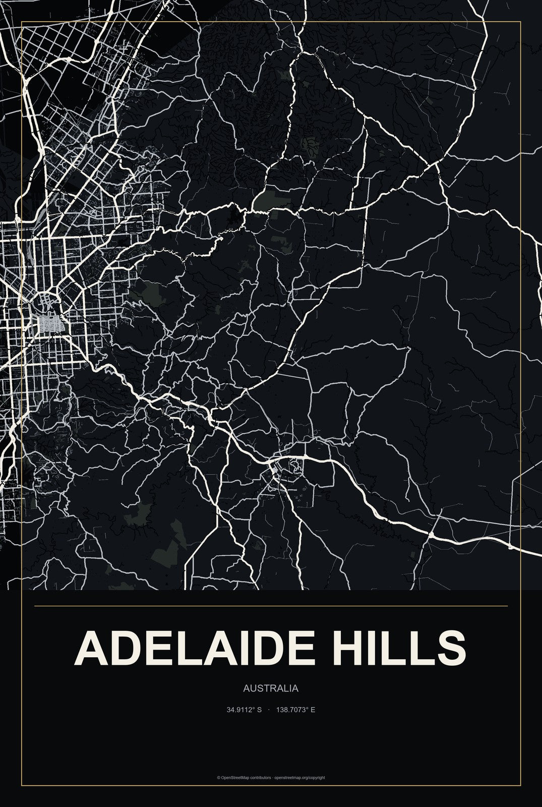 Adelaide Hills, Australia City Map Aluminum Sign in Metropolitan Noir style