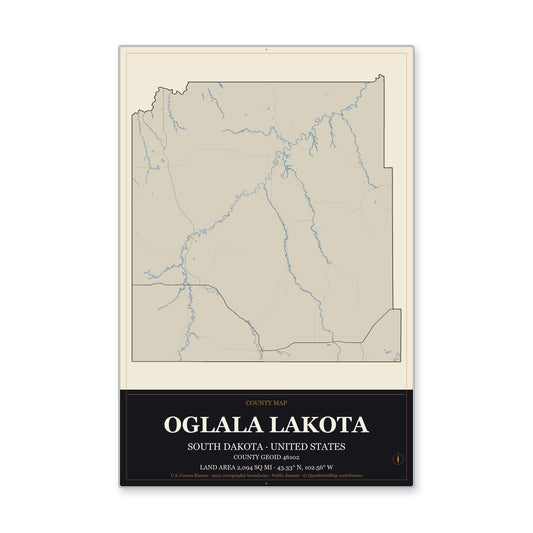 Oglala Lakota County, South Dakota Map Aluminum Sign in Museum Plaque style