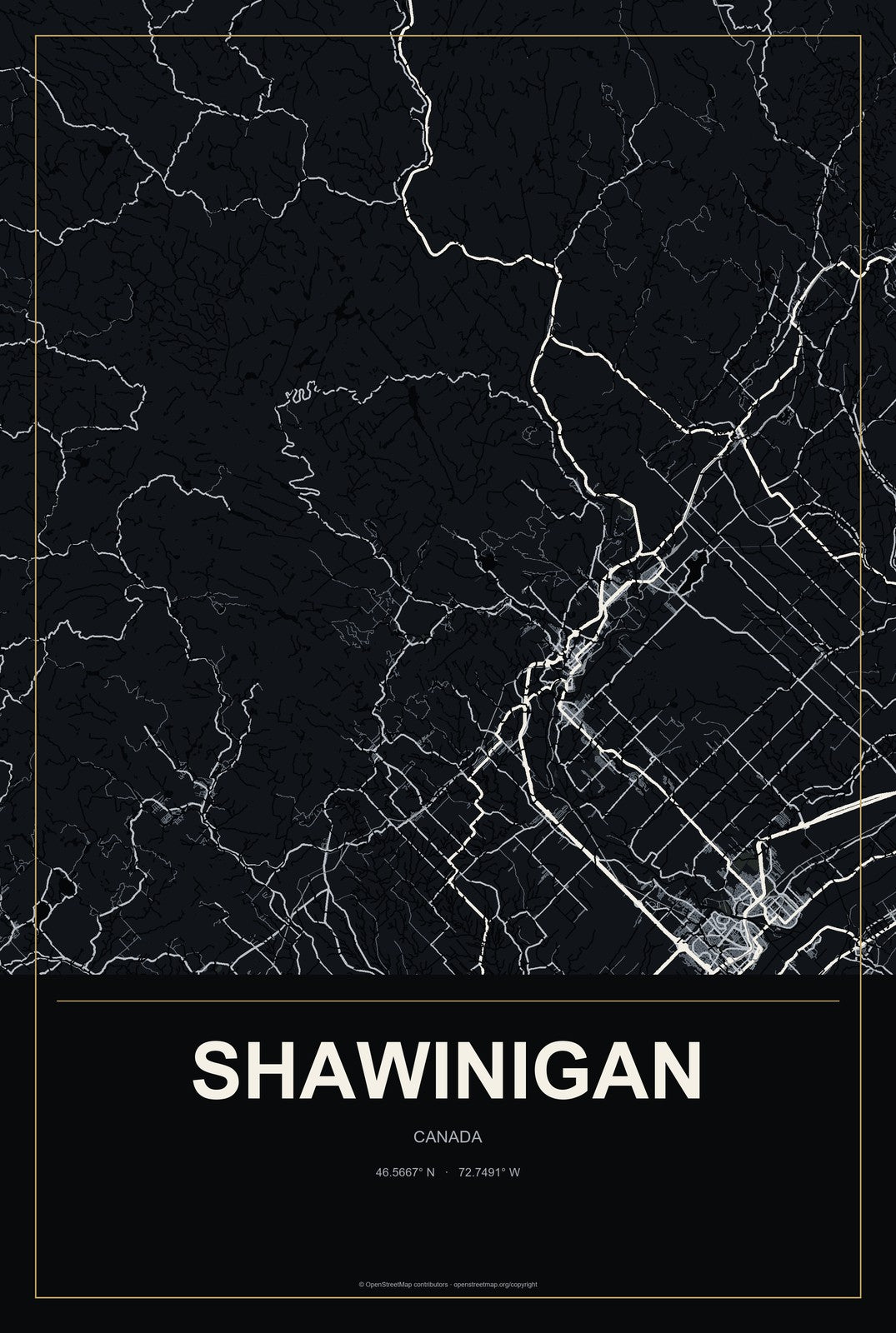 Shawinigan, Canada City Map Aluminum Sign in Metropolitan Noir style
