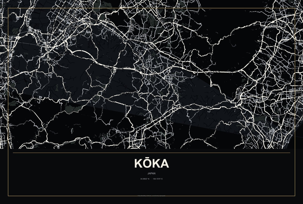 Kōka, Japan City Map Aluminum Sign in Metropolitan Noir style