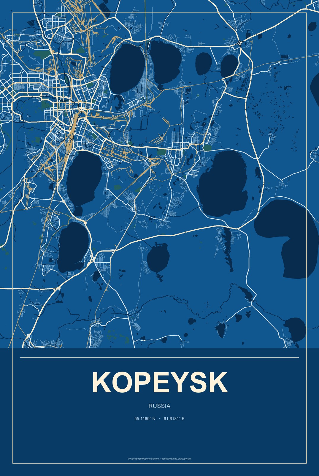 Kopeysk, Russia City Map Aluminum Sign in Harbor Cobalt style