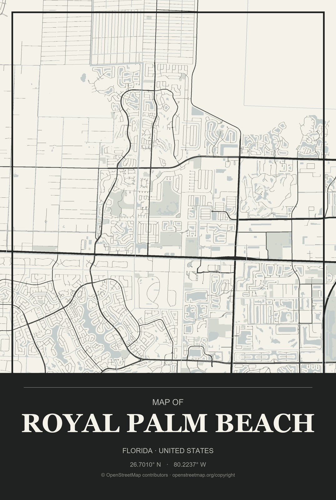 Royal Palm Beach, Florida City Map Aluminum Sign in Museum Plaque style