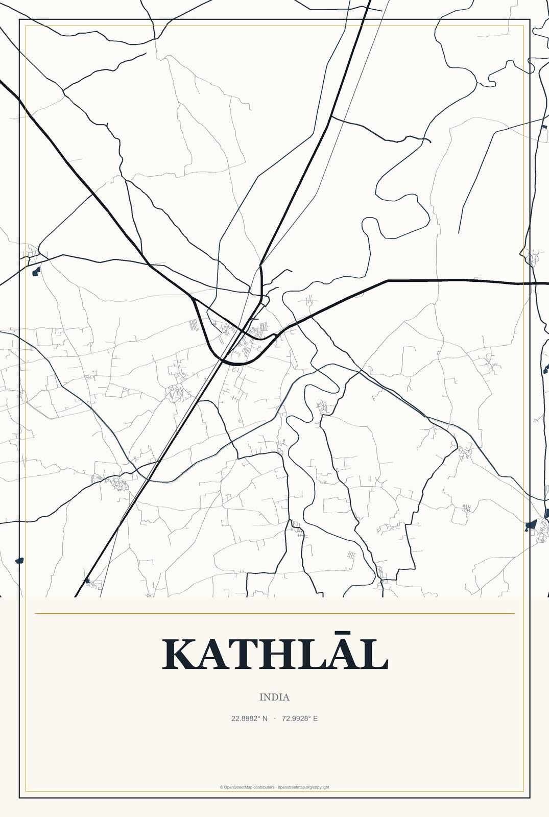 Kathlāl, India City Map Aluminum Sign in Citrine Modern style