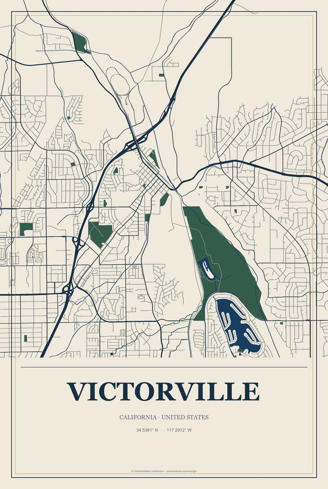 Victorville, California City Map Aluminum Sign in Coastal Cutout style