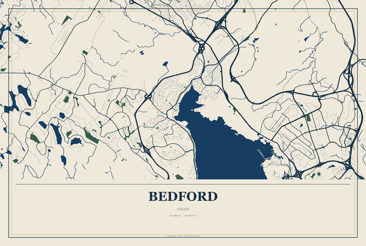 Bedford, Canada City Map Aluminum Sign in Coastal Cutout style