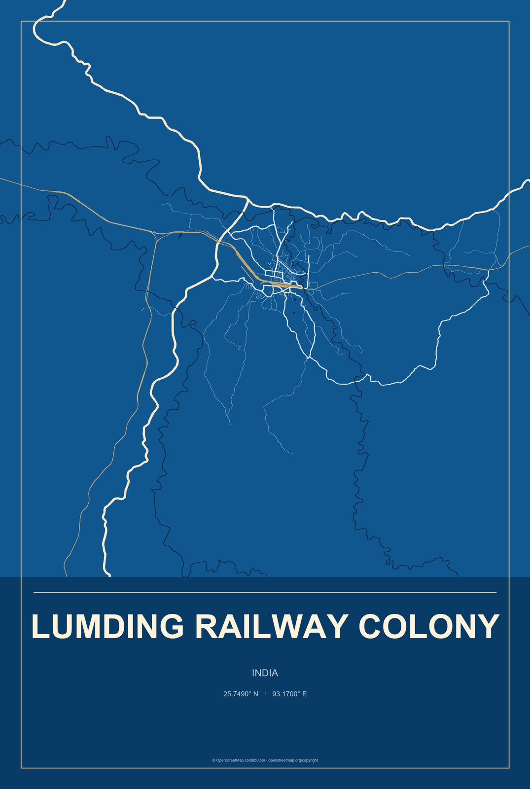 Lumding Railway Colony, India City Map Aluminum Sign in Harbor Cobalt style