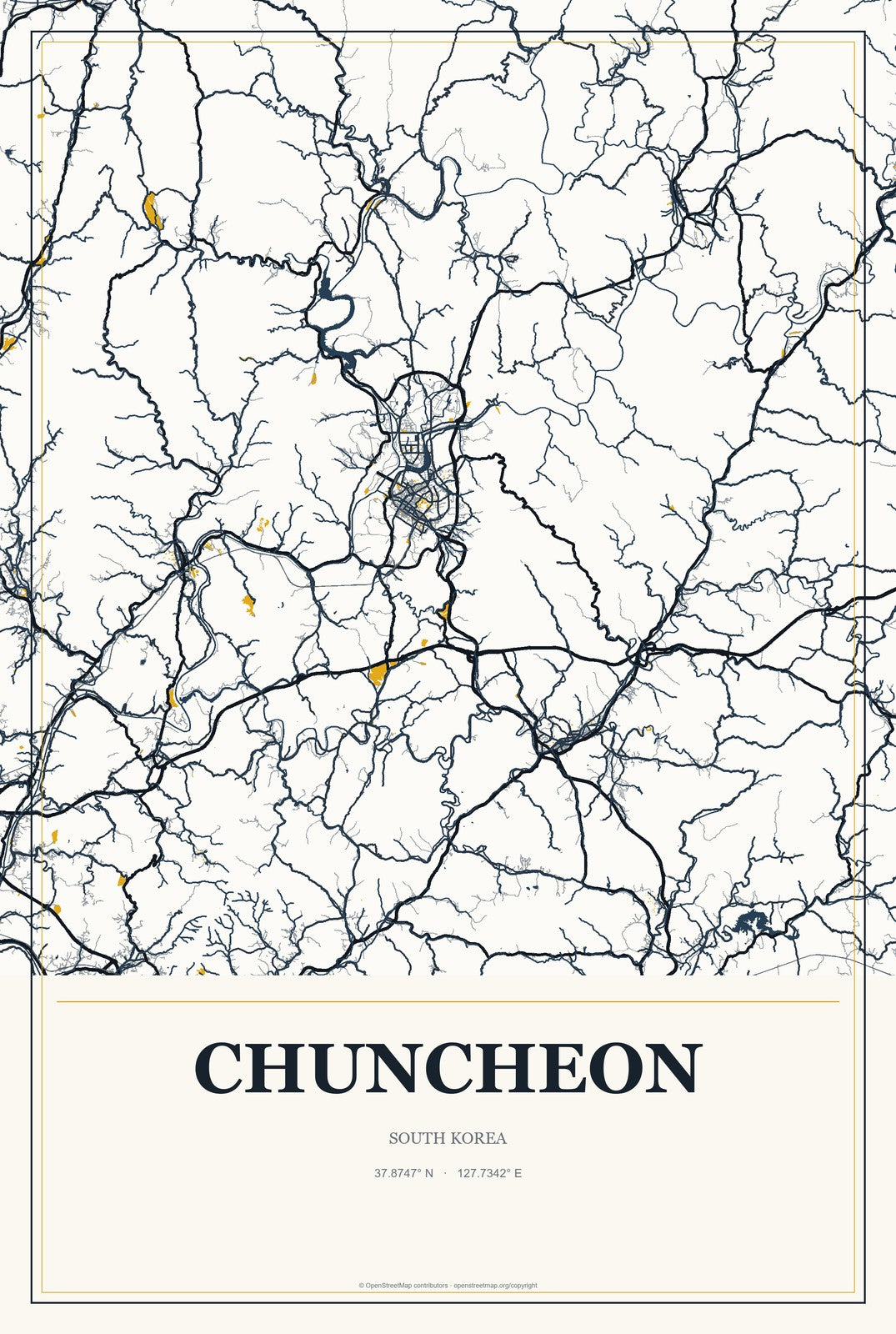 Chuncheon, South Korea City Map Aluminum Sign in Citrine Modern style