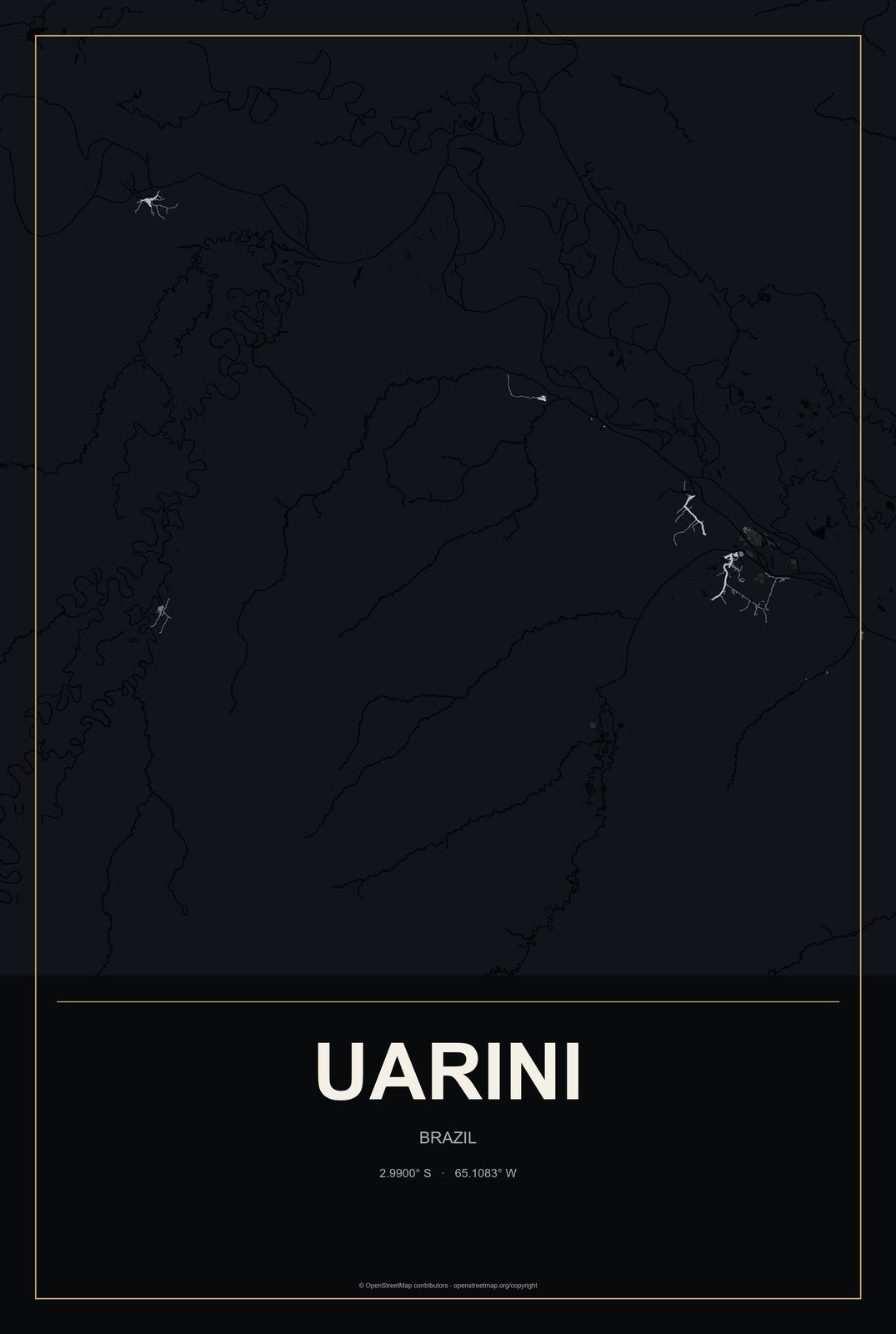 Uarini, Brazil City Map Aluminum Sign in Metropolitan Noir style