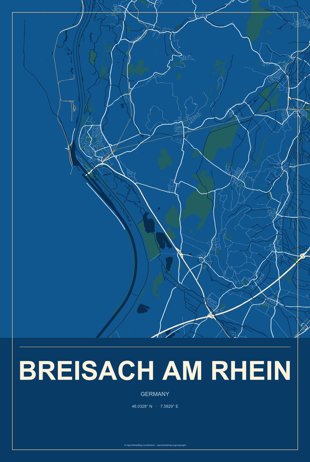 Breisach am Rhein, Germany City Map Aluminum Sign in Harbor Cobalt style