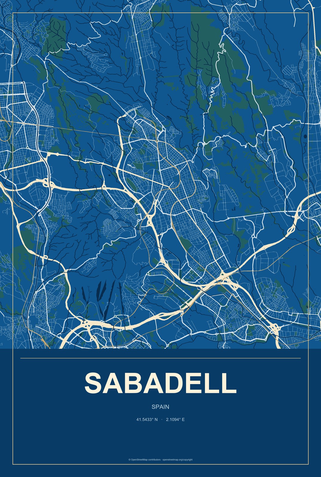 Sabadell, Spain City Map Aluminum Sign in Harbor Cobalt style