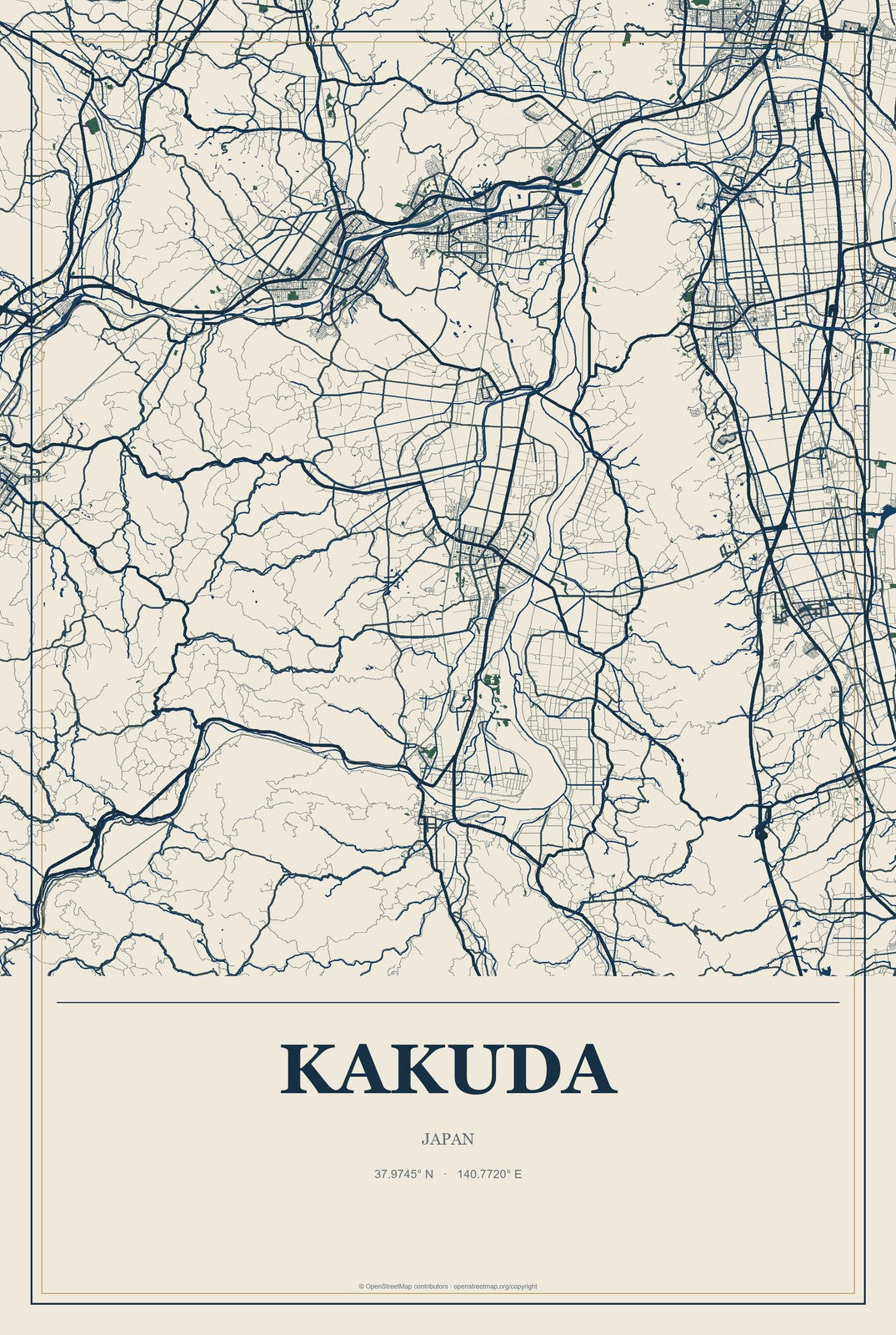 Kakuda, Japan City Map Aluminum Sign in Coastal Cutout style