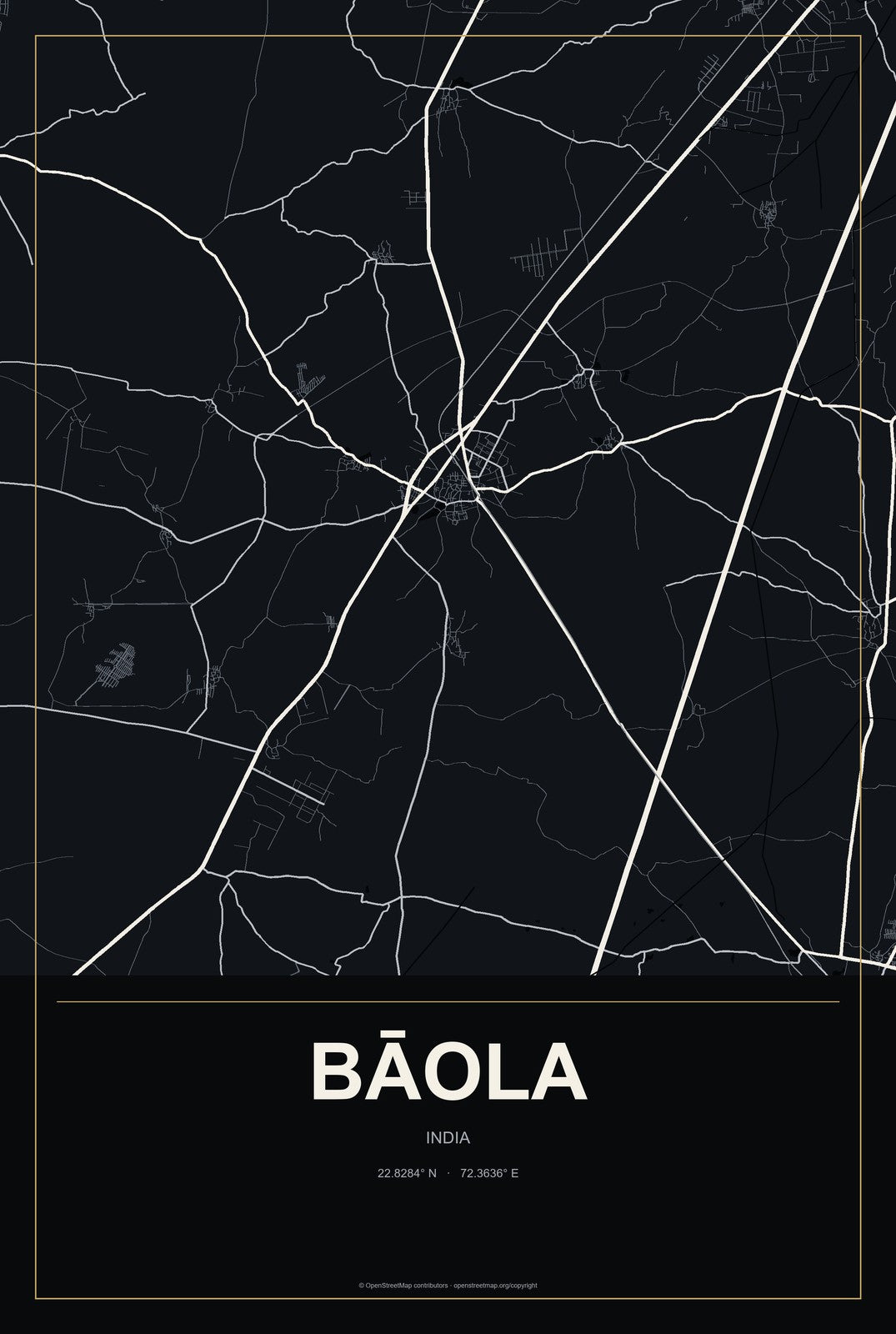Bāola, India City Map Aluminum Sign in Metropolitan Noir style