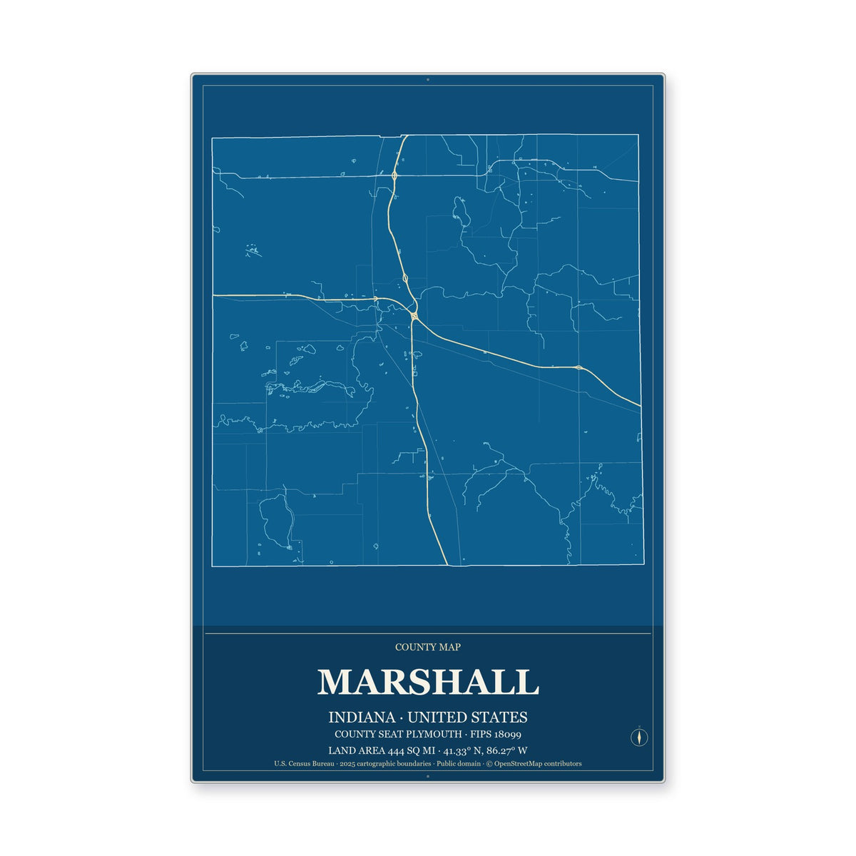 Marshall County, Indiana Map Aluminum Sign in Harbor Cobalt style