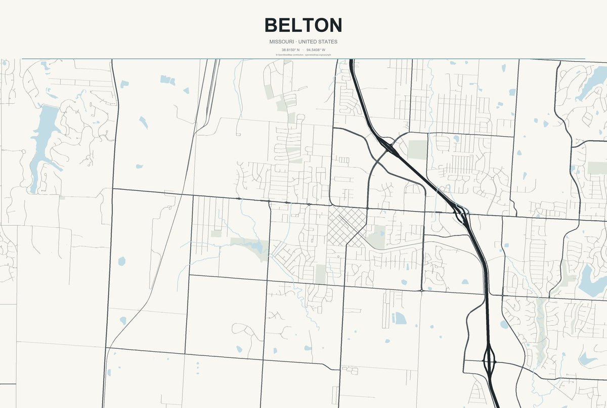Belton, Missouri City Map Aluminum Sign in Headline Atlas style