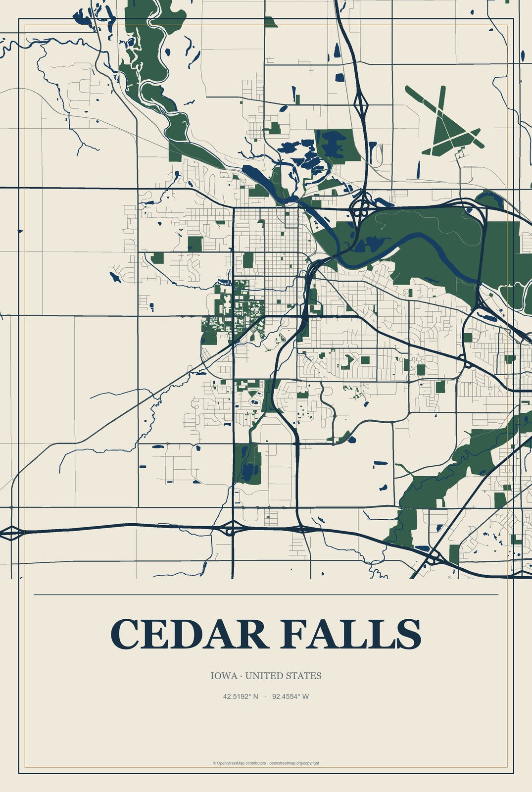 Cedar Falls, Iowa City Map Aluminum Sign in Coastal Cutout style