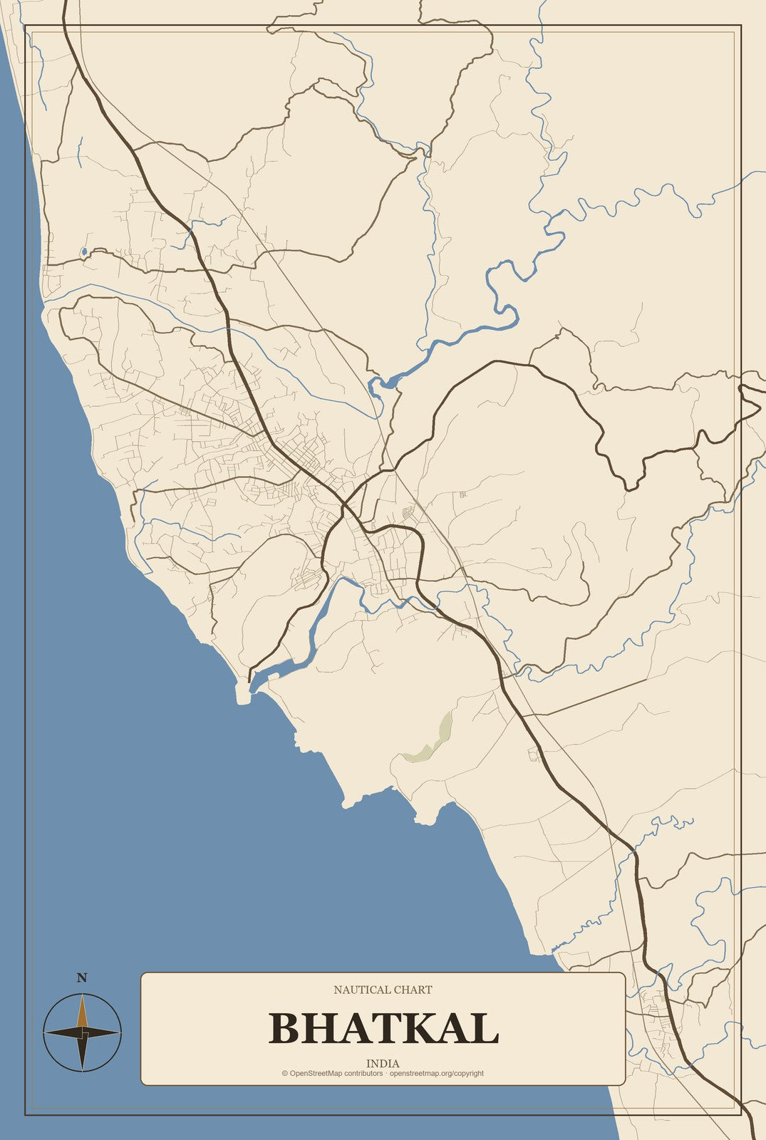 Bhatkal, India City Map Aluminum Sign in Heritage Nautical style