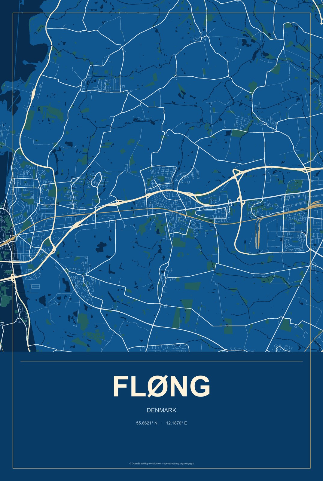 Fløng, Denmark City Map Aluminum Sign in Harbor Cobalt style