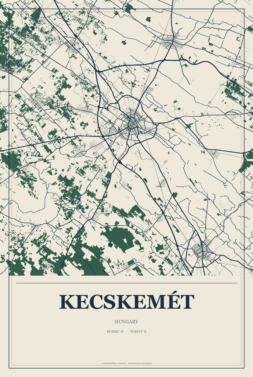 Kecskemét, Hungary City Map Aluminum Sign in Coastal Cutout style