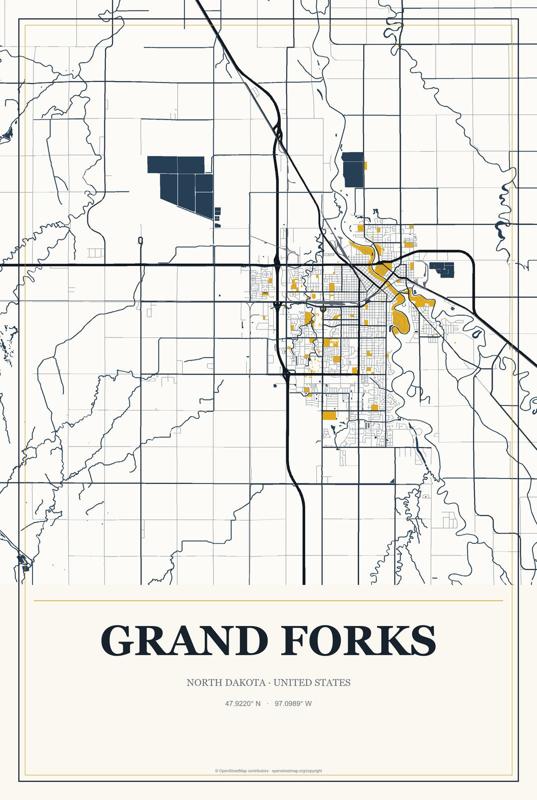 Grand Forks, North Dakota City Map Aluminum Sign in Citrine Modern style