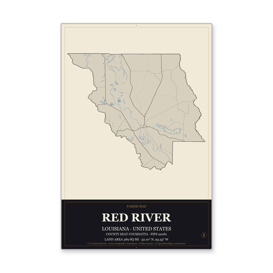 Red River Parish, Louisiana Map Aluminum Sign in Museum Plaque style