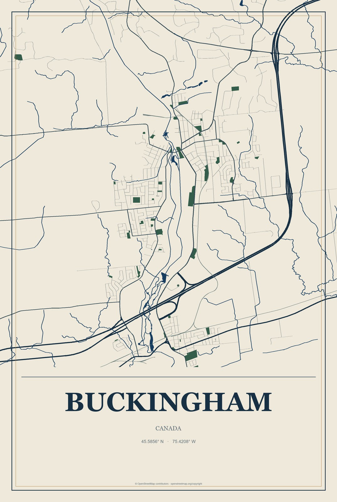 Buckingham, Canada City Map Aluminum Sign in Coastal Cutout style