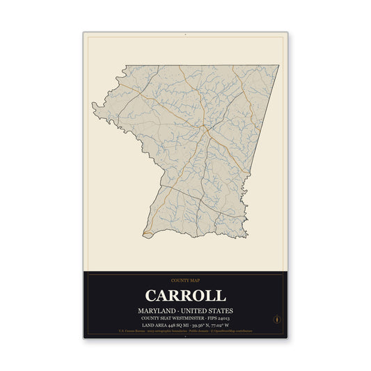 Carroll County, Maryland Map Aluminum Sign in Museum Plaque style