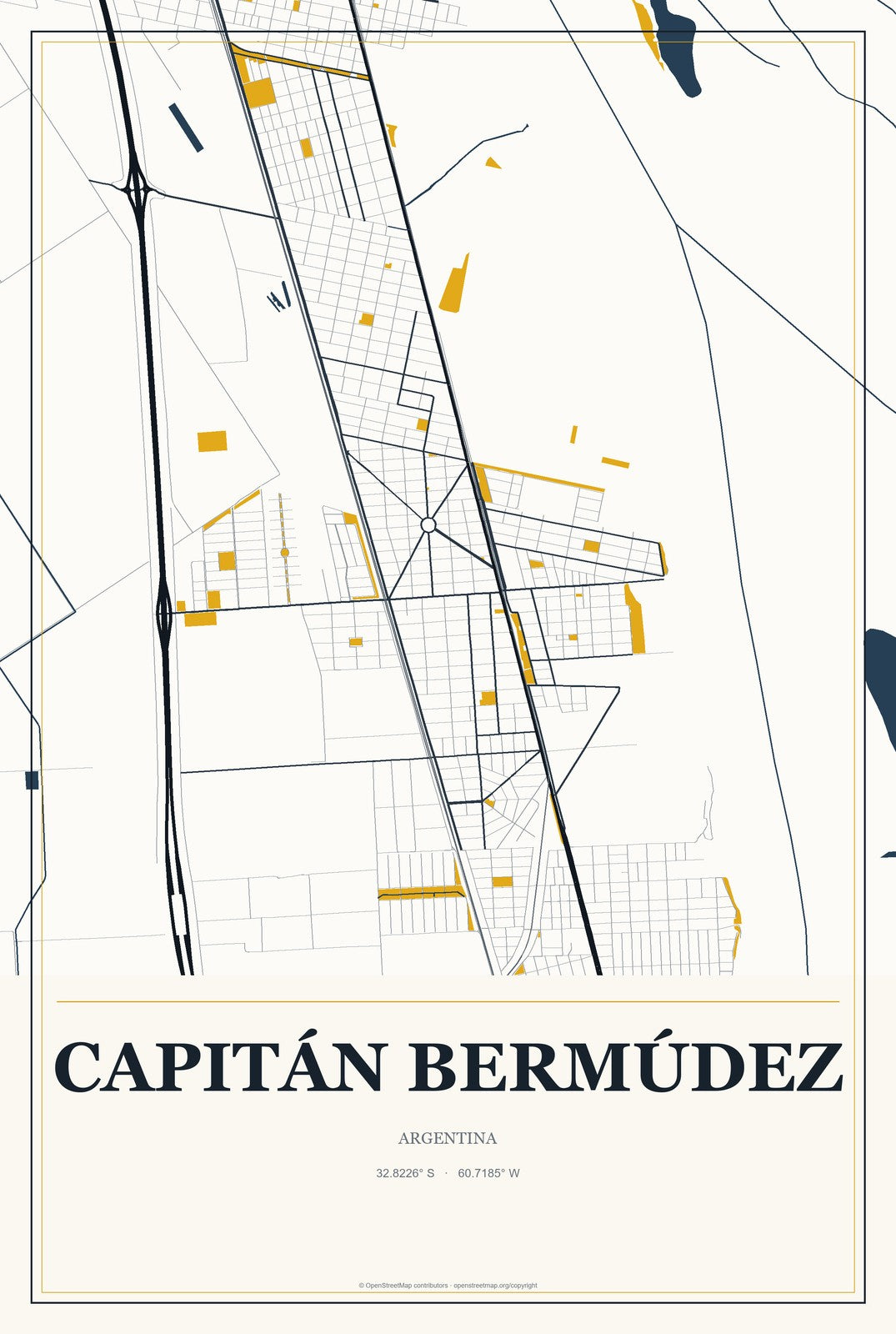 Capitán Bermúdez, Argentina City Map Aluminum Sign in Citrine Modern style