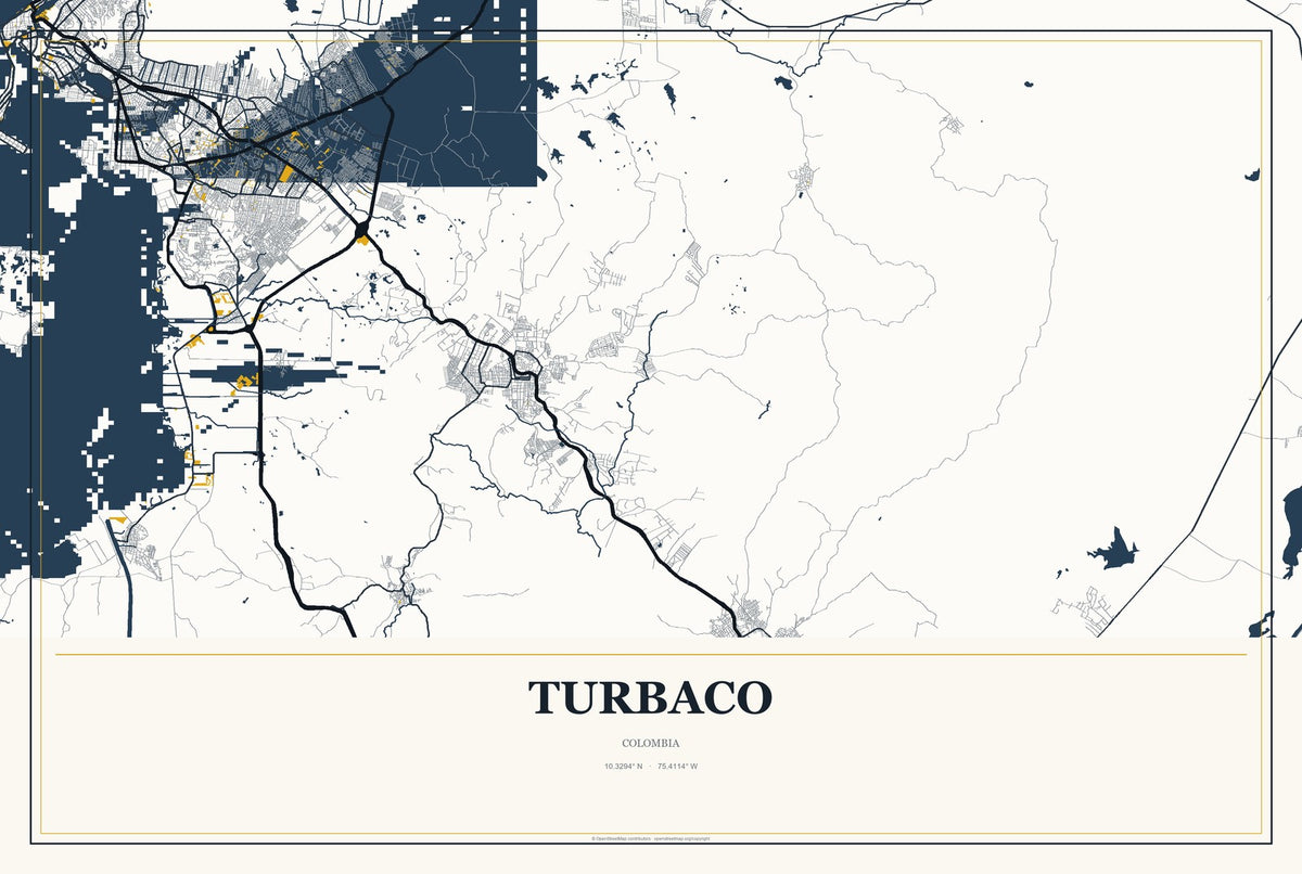 Turbaco, Colombia City Map Aluminum Sign in Citrine Modern style
