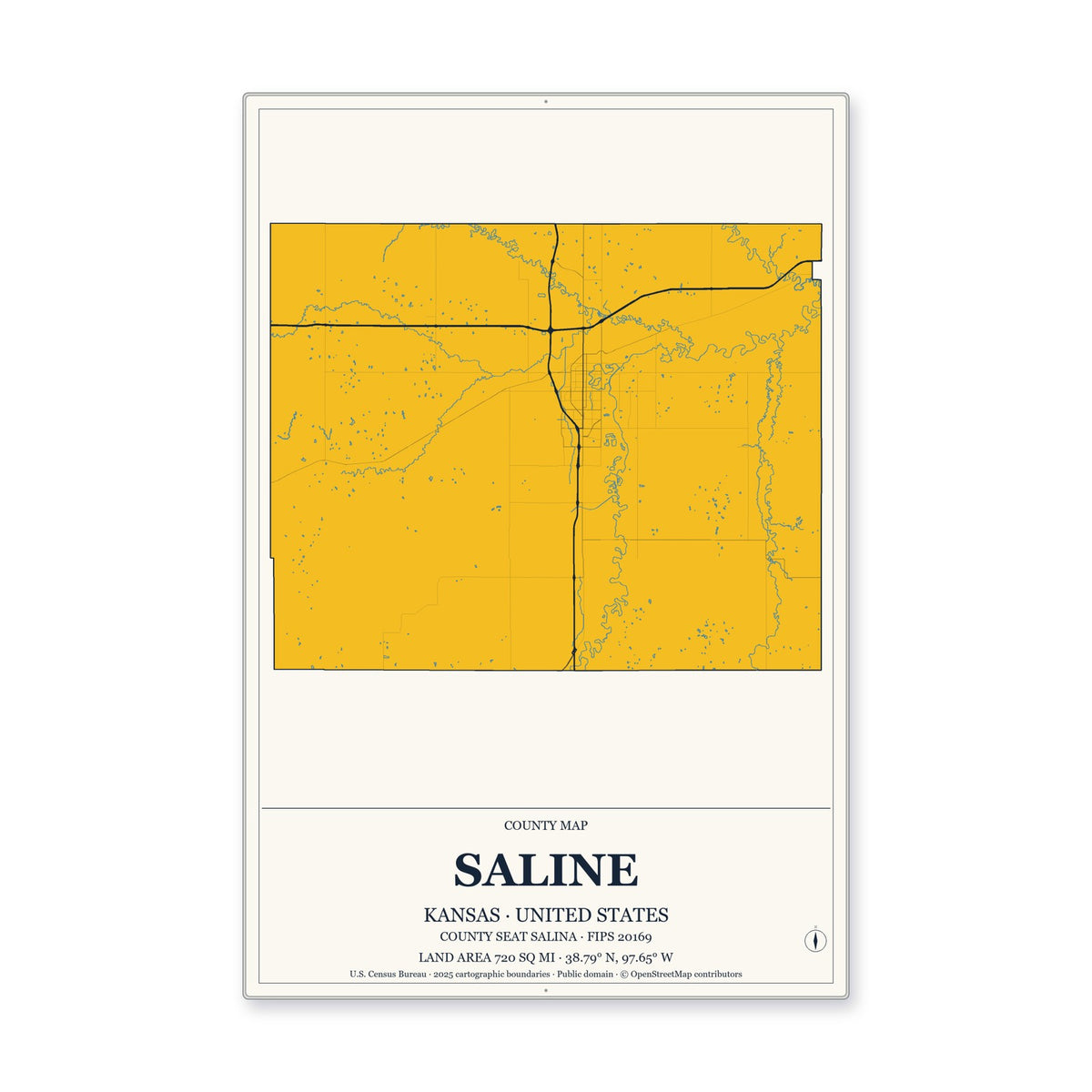 Saline County, Kansas Map Aluminum Sign in Citrine Modern style
