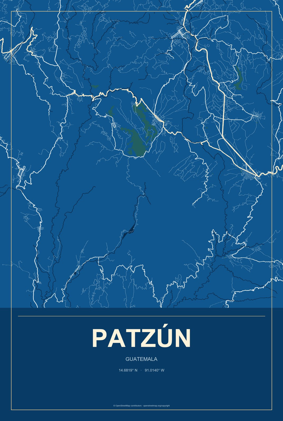 Patzún, Guatemala City Map Aluminum Sign in Harbor Cobalt style
