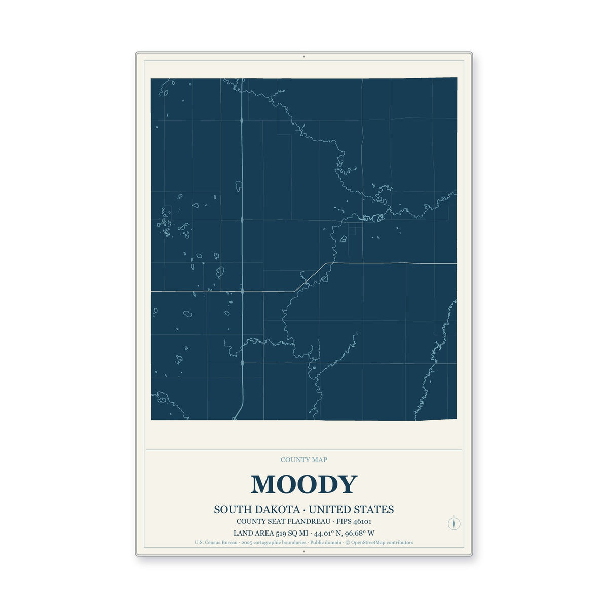 Moody County, South Dakota Map Aluminum Sign in Coastal Cutout style