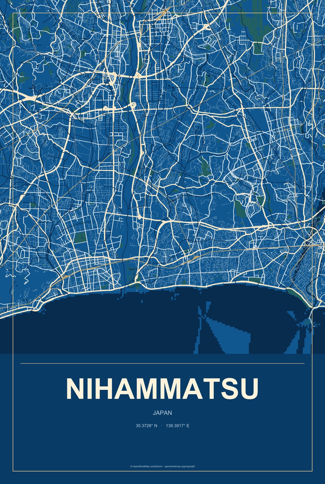 Nihammatsu, Japan City Map Aluminum Sign in Harbor Cobalt style