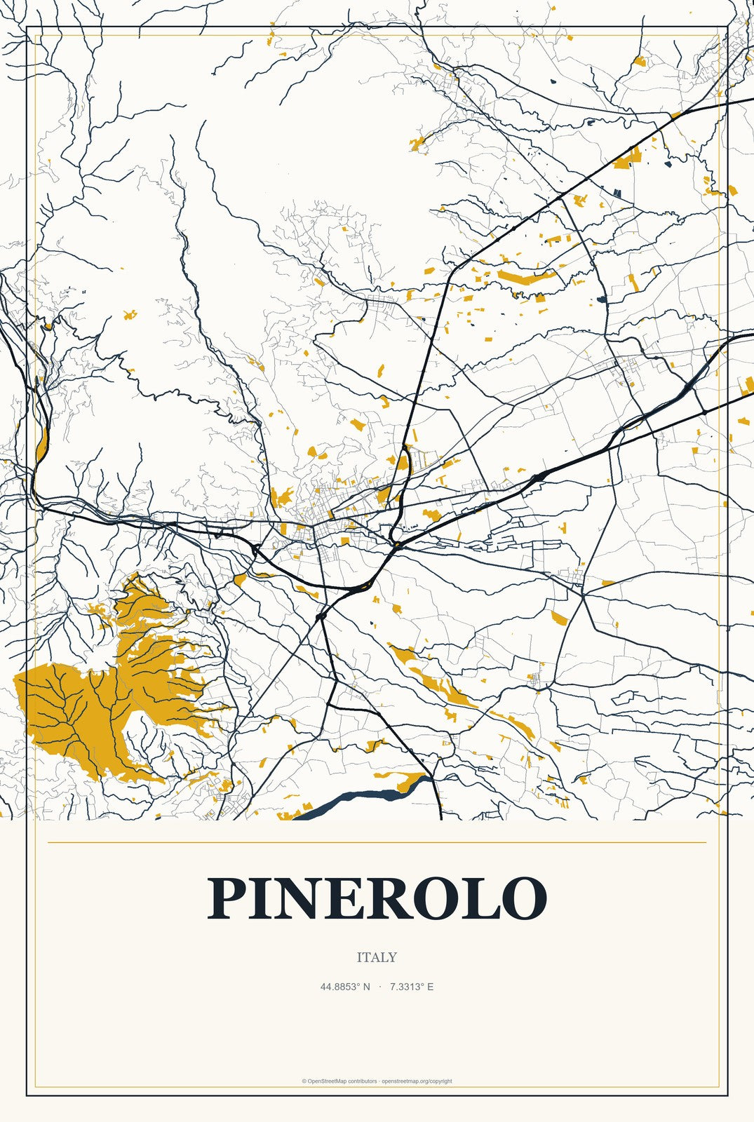 Pinerolo, Italy City Map Aluminum Sign in Citrine Modern style