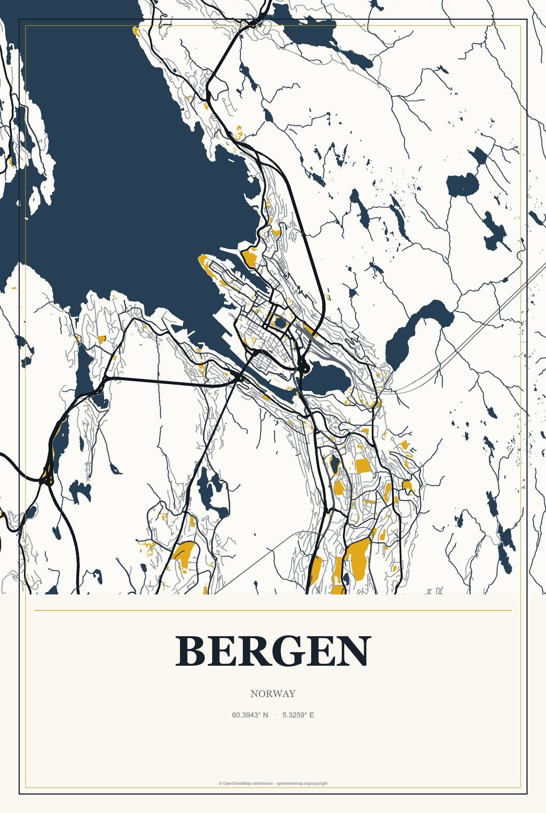Bergen, Norway City Map Aluminum Sign in Citrine Modern style