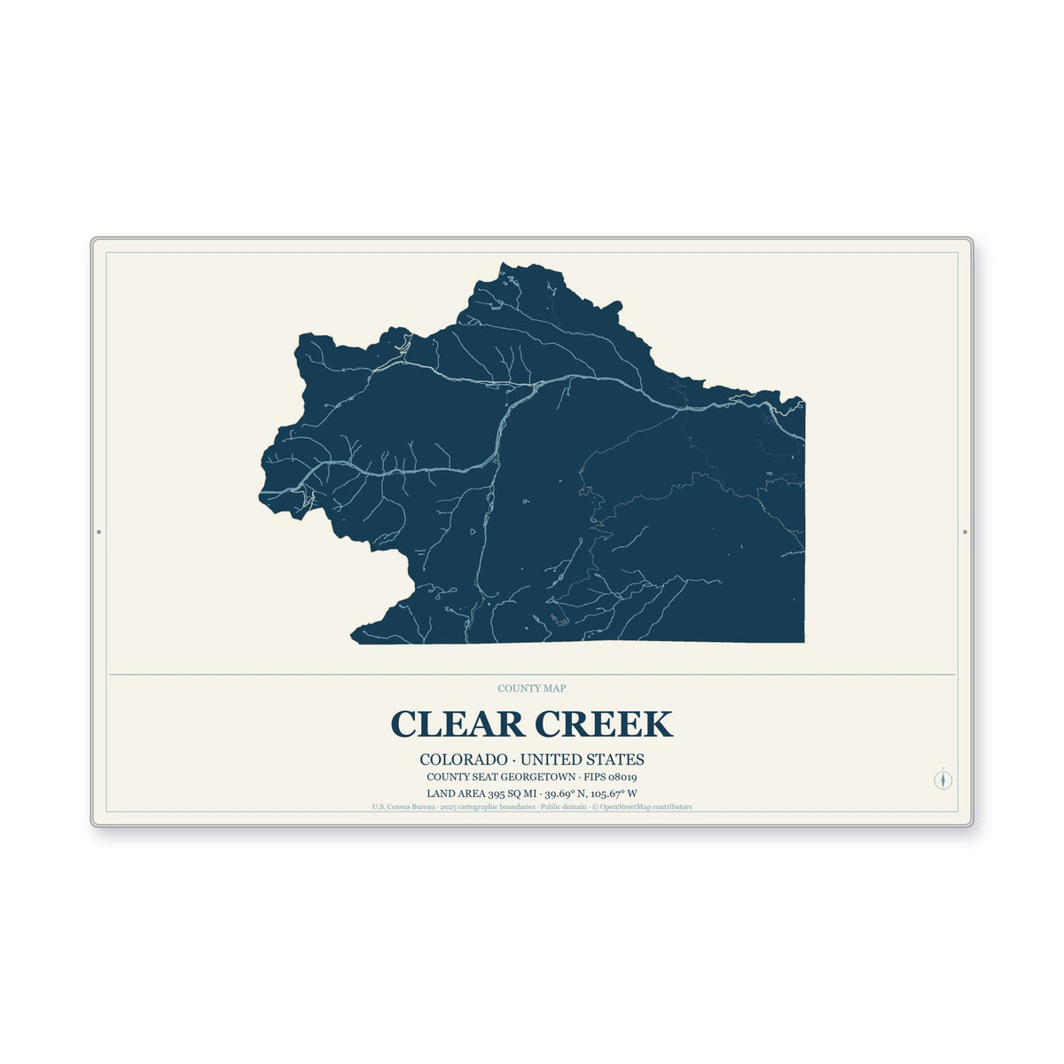 Clear Creek County, Colorado Map Aluminum Sign in Coastal Cutout style