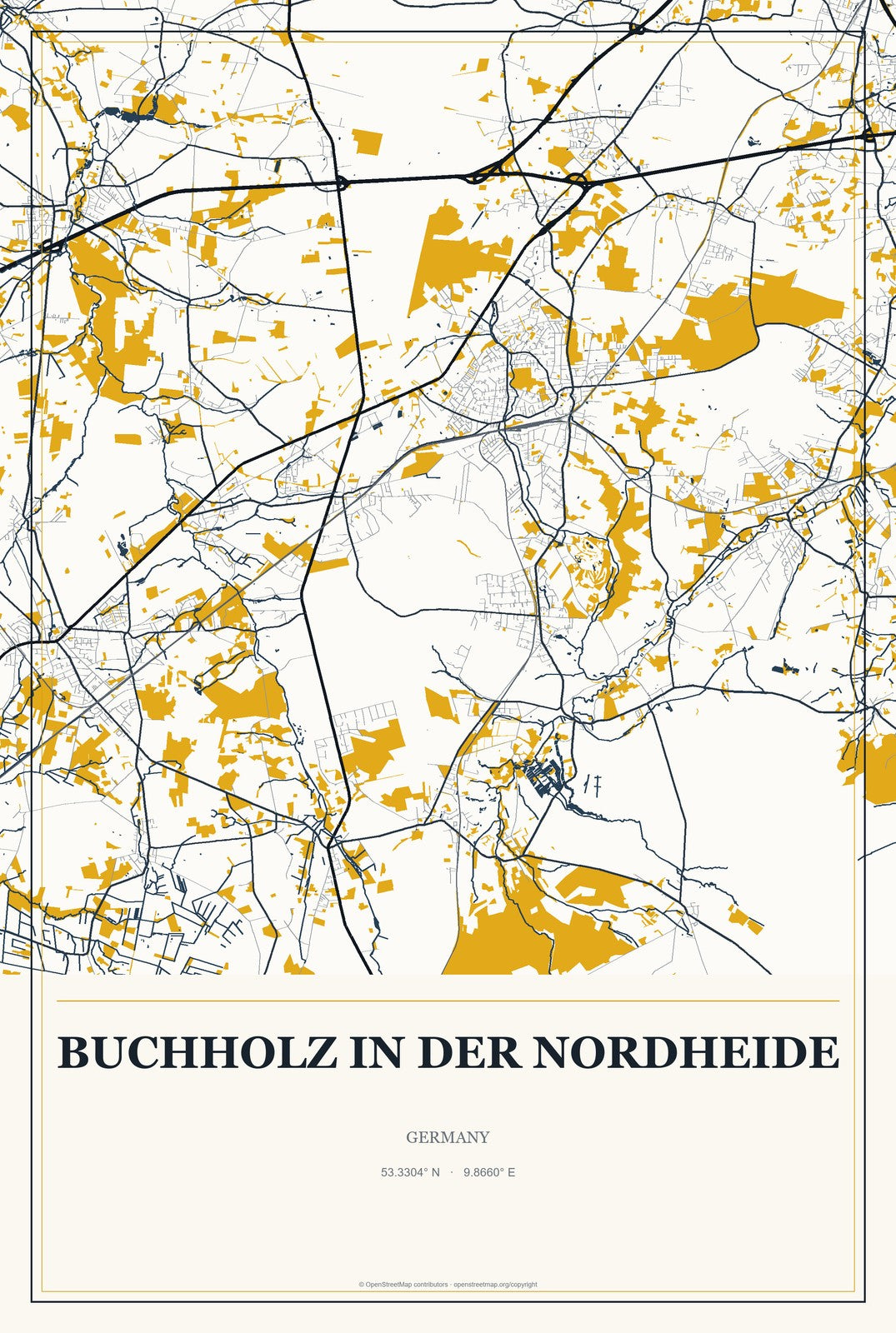 Buchholz in der Nordheide, Germany City Map Aluminum Sign in Citrine Modern style