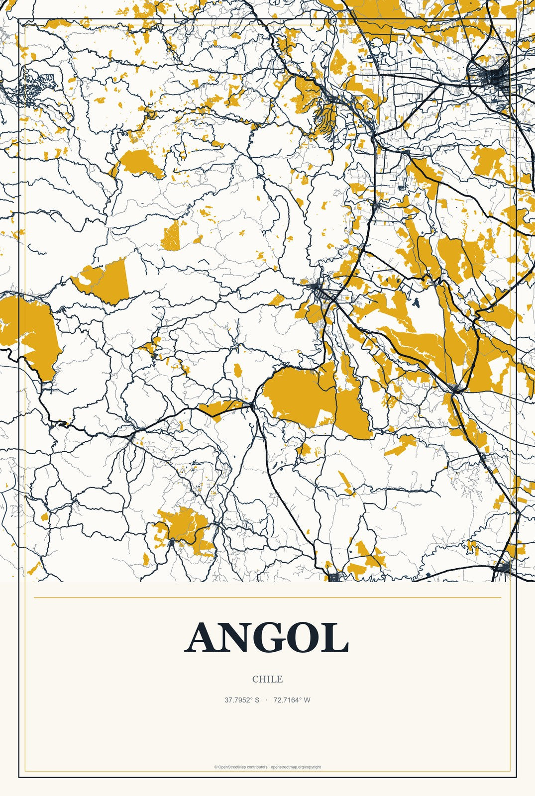 Angol, Chile City Map Aluminum Sign in Citrine Modern style