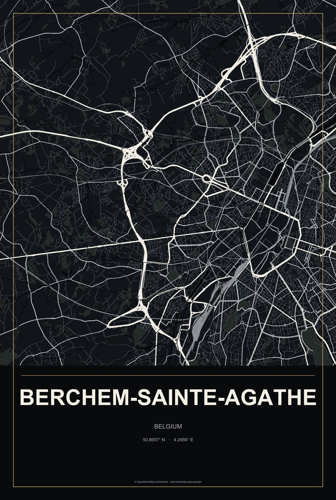 Berchem-Sainte-Agathe, Belgium City Map Aluminum Sign in Metropolitan Noir style
