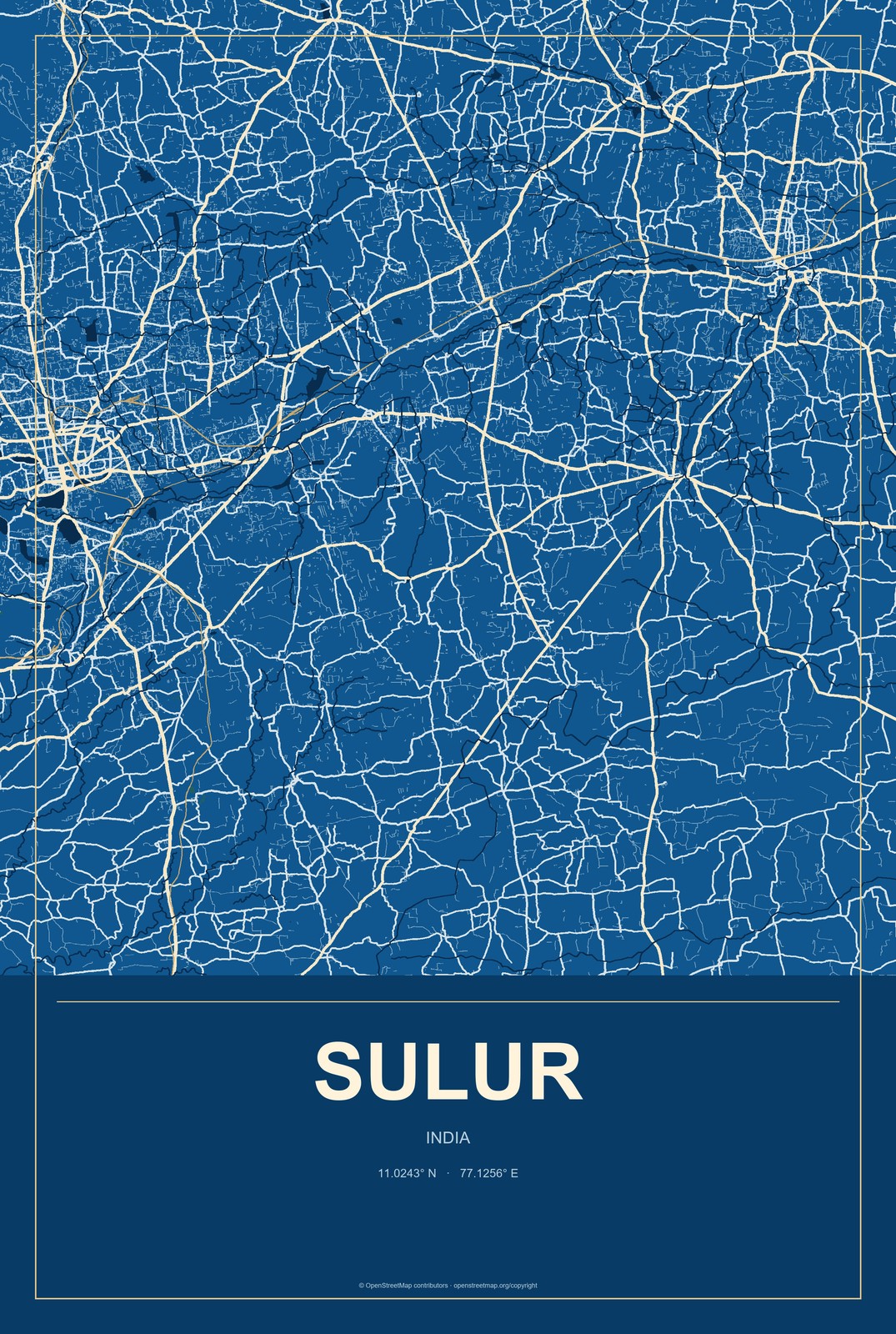 Sulur, India City Map Aluminum Sign in Harbor Cobalt style