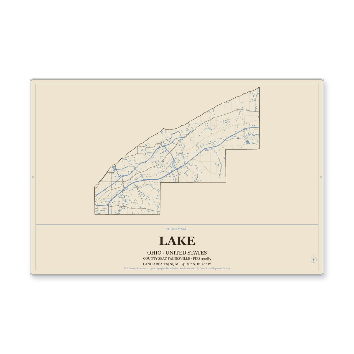 Lake County, Ohio Map Aluminum Sign in Heritage Nautical style