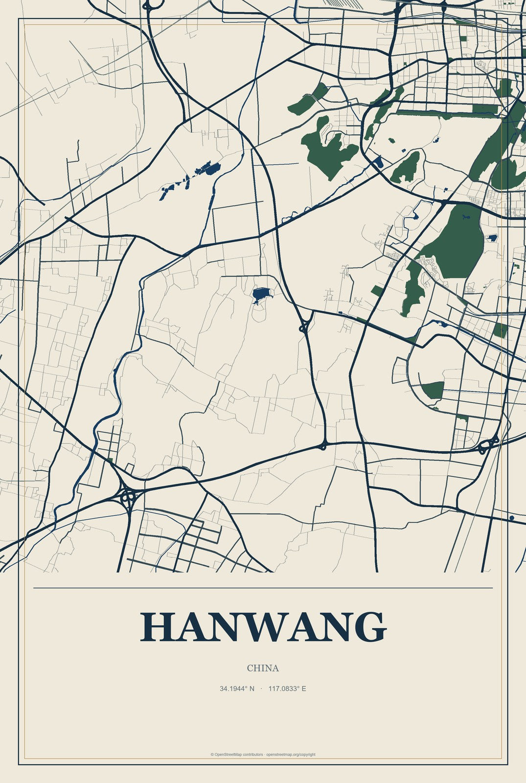 Hanwang, Gansu, China City Map Aluminum Sign in Coastal Cutout style