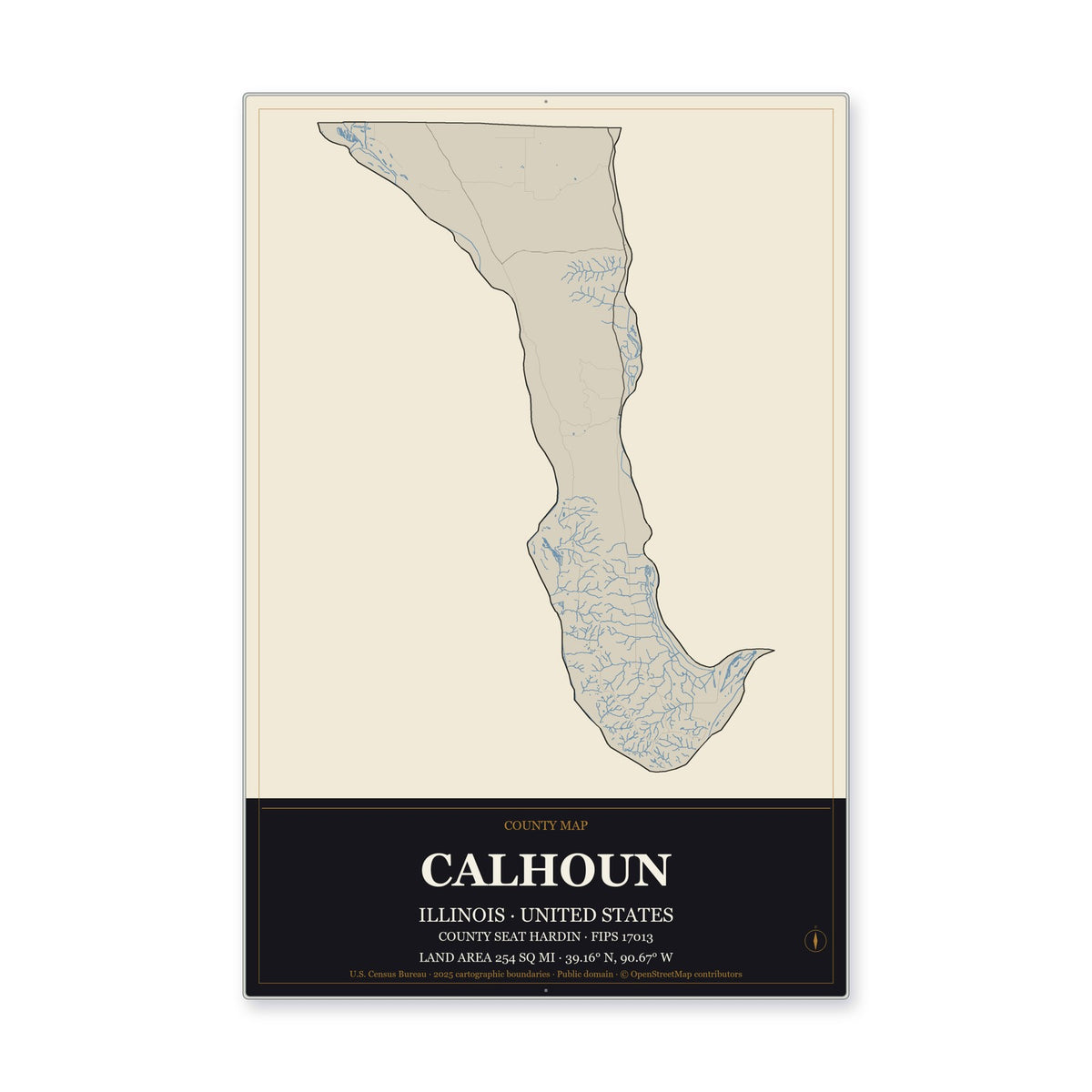 Calhoun County, Illinois Map Aluminum Sign in Museum Plaque style