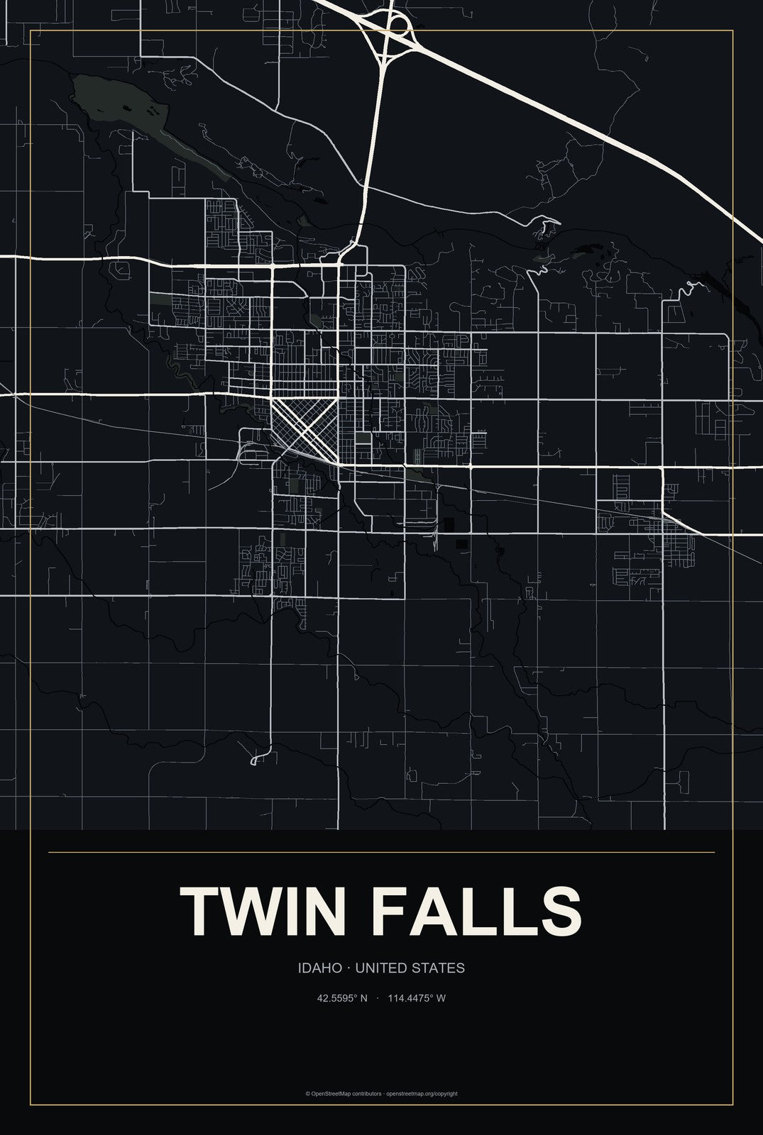 Twin Falls, Idaho City Map Aluminum Sign in Metropolitan Noir style