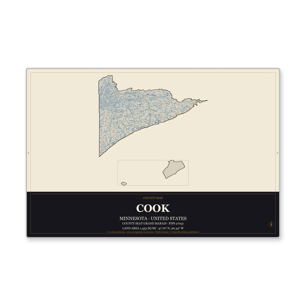 Cook County, Minnesota Map Aluminum Sign in Museum Plaque style