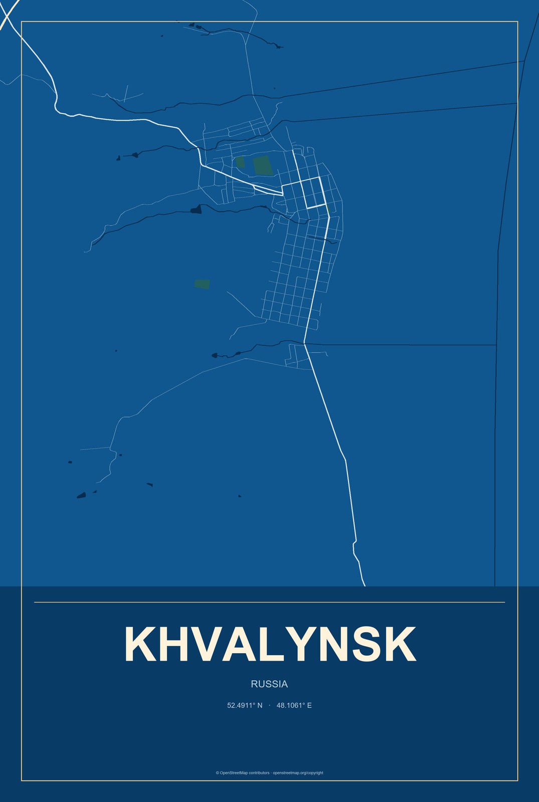 Khvalynsk, Russia City Map Aluminum Sign in Harbor Cobalt style